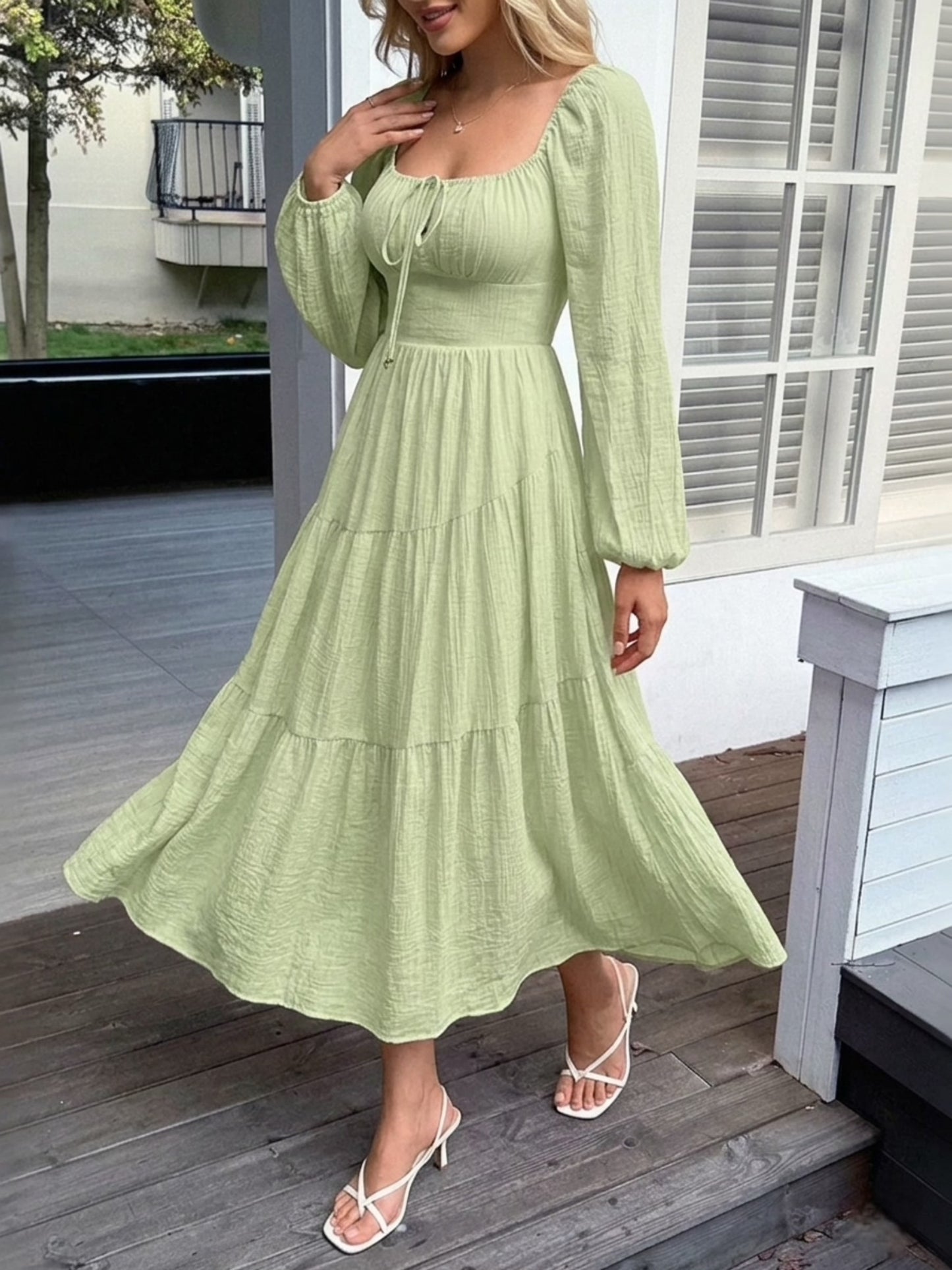 Ruched Tie Detail Balloon Sleeve Midi Dress