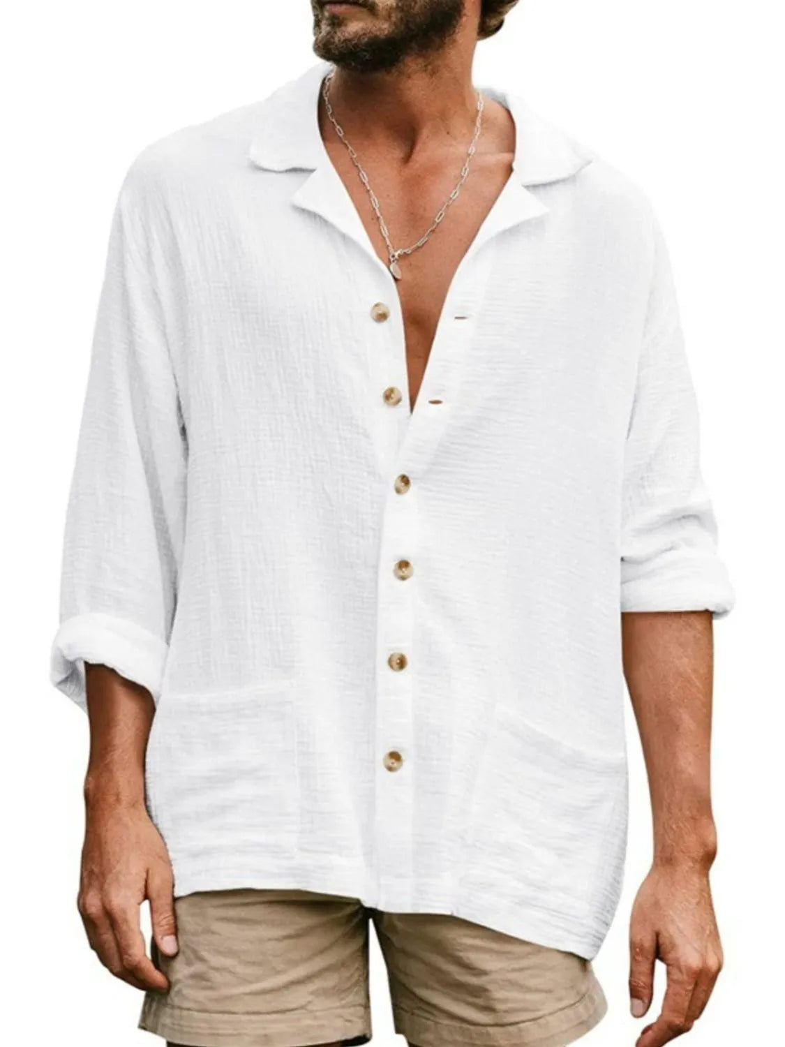 Model wearing classic button-up long sleeve shirt styled casually