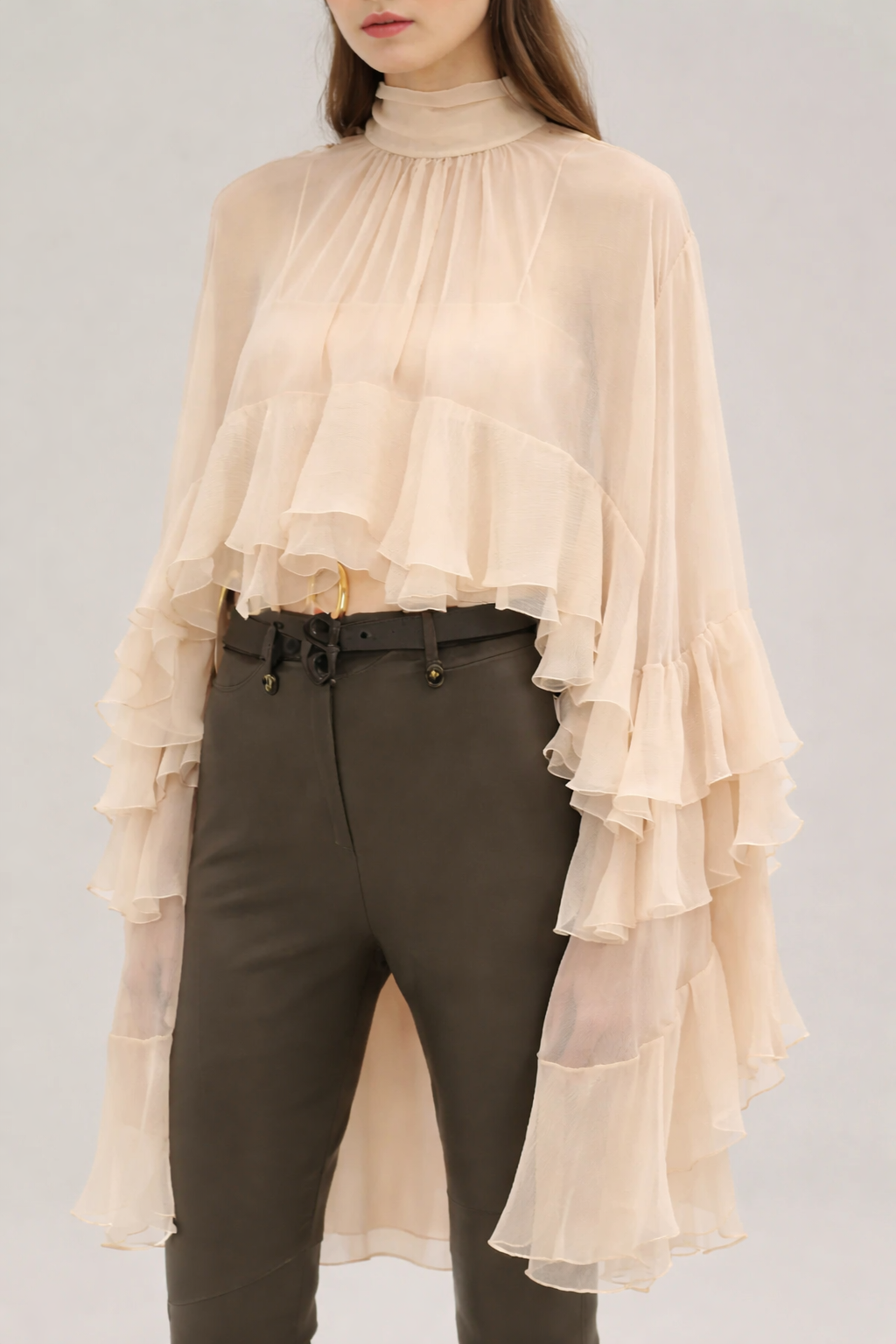 Ethereal High-Neck Sheer Ruffled Blouse for Women – Elegant Loose Fit Long Sleeve Top