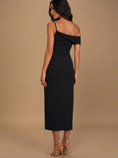 Split Asymmetrical Neck Midi Dress