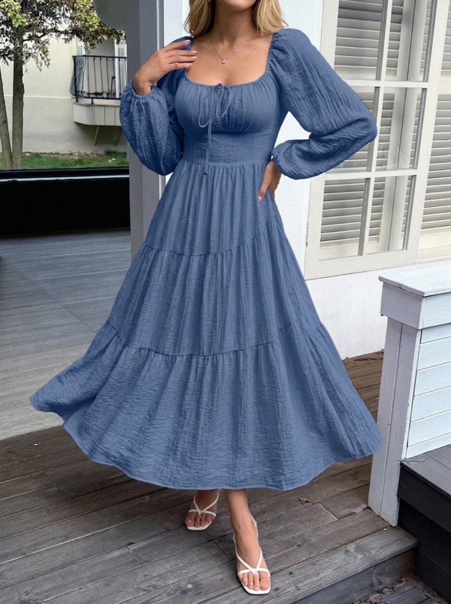 Ruched Tie Detail Balloon Sleeve Midi Dress
