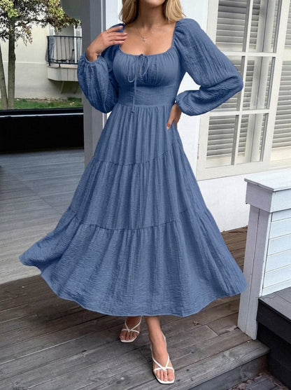 Ruched Tie Detail Balloon Sleeve Midi Dress