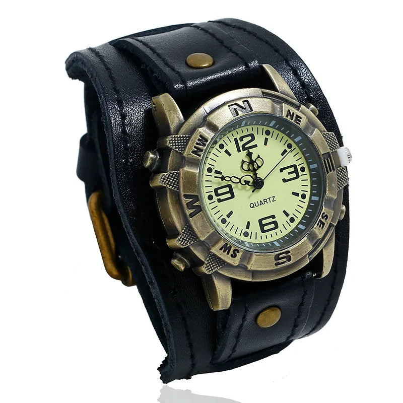 Men's Vintage Bronze Dial Quartz Watch with Leather Strap