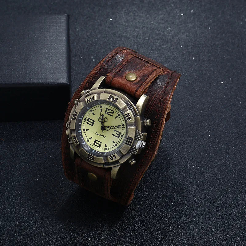 Men's Vintage Bronze Dial Quartz Watch with Leather Strap