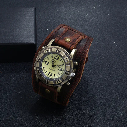 Men's Vintage Bronze Dial Quartz Watch with Leather Strap