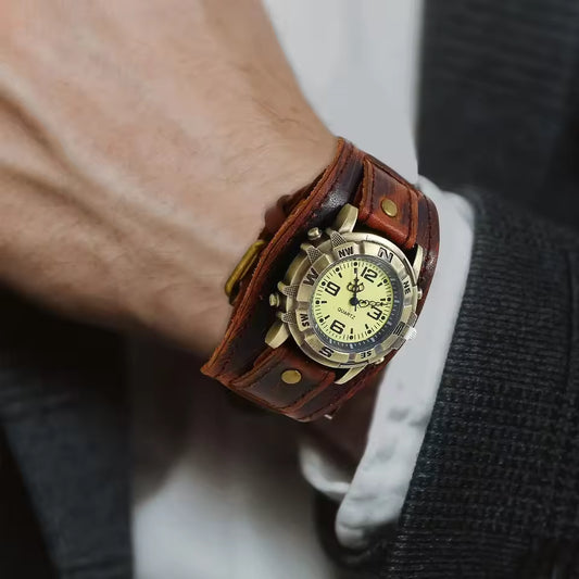 Men's Vintage Bronze Dial Quartz Watch with Leather Strap