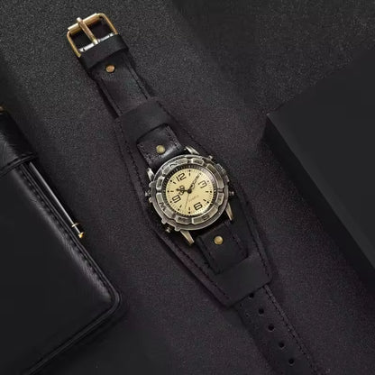 Men's Vintage Bronze Dial Quartz Watch with Leather Strap