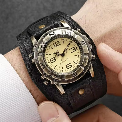 Men's Vintage Bronze Dial Quartz Watch with Leather Strap