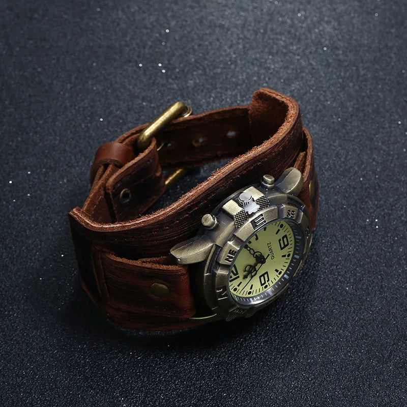 Men's Vintage Bronze Dial Quartz Watch with Leather Strap