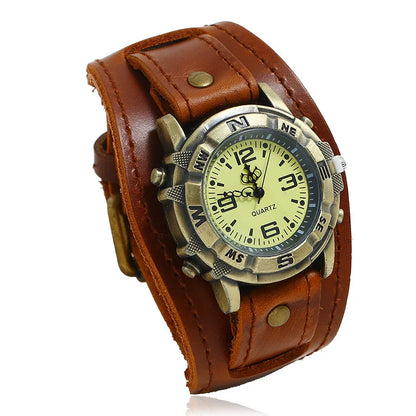 Men's Vintage Bronze Dial Quartz Watch with Leather Strap