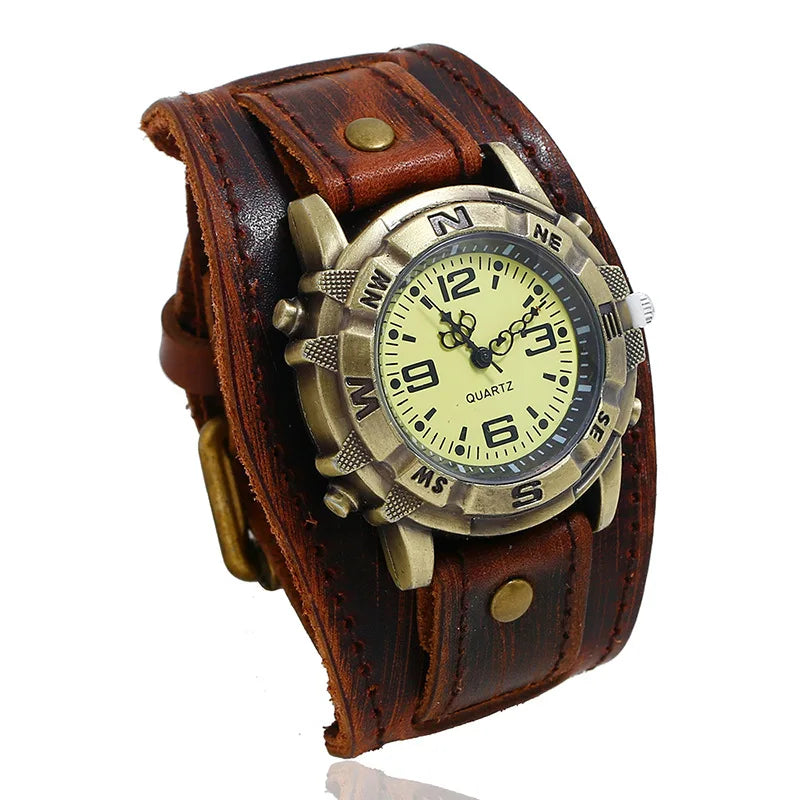 Men's Vintage Bronze Dial Quartz Watch with Leather Strap