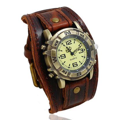 Men's Vintage Bronze Dial Quartz Watch with Leather Strap