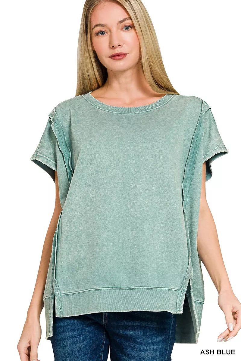 Front view of acid wash hi-low French terry casual top