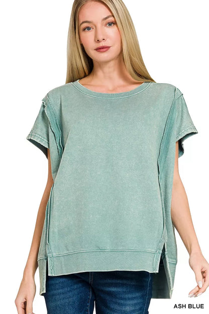 Front view of acid wash hi-low French terry casual top
