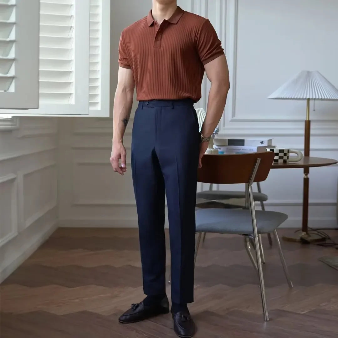Brown luxury knitted polo shirt for men by Balerion, breathable summer lapel shirt