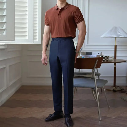 Brown luxury knitted polo shirt for men by Balerion, breathable summer lapel shirt