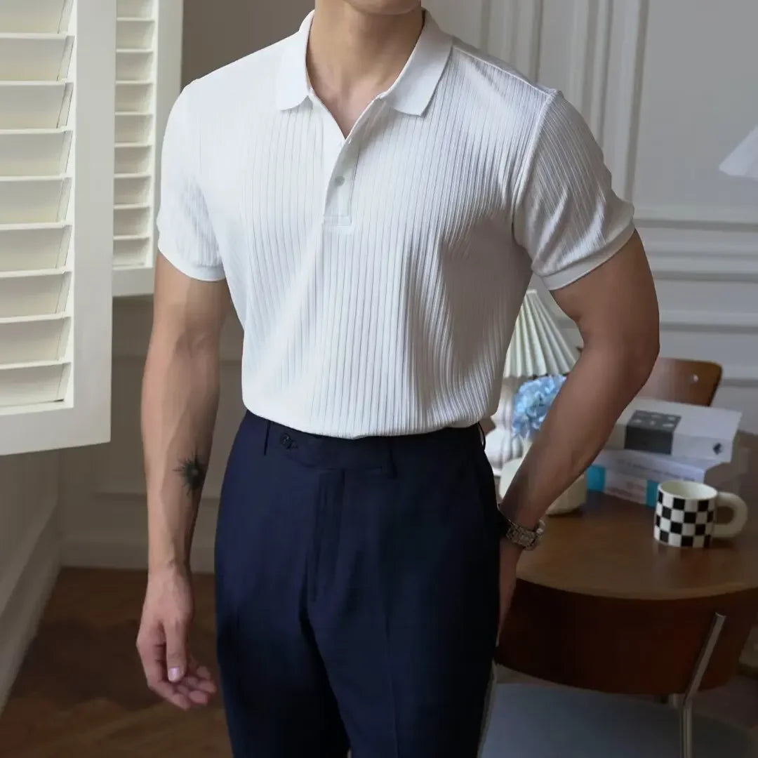 White luxury knitted polo shirt for men by Balerion, breathable summer lapel shirt