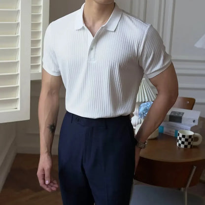 White luxury knitted polo shirt for men by Balerion, breathable summer lapel shirt