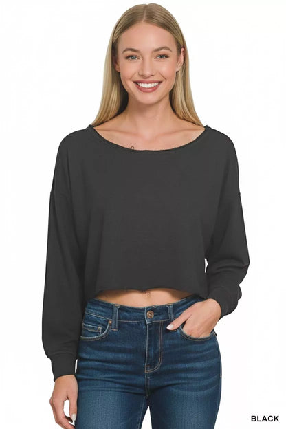 Front view of French terry boatneck cropped casual top