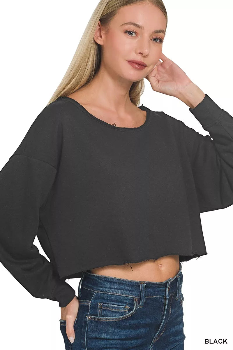 Model wearing French terry boatneck crop top styled casually