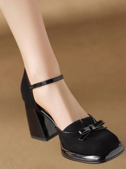 Side view of the bow block heel pumps showcasing the ankle strap and mid-heel