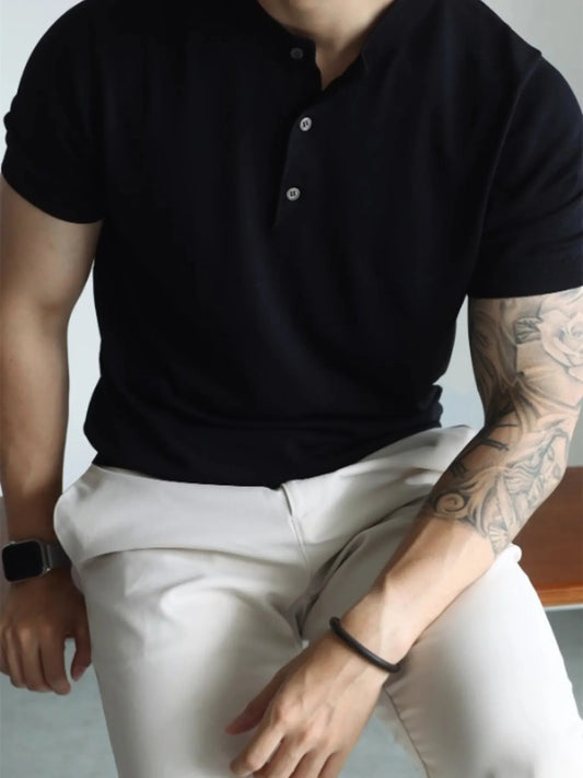 Front view of minimal button accent short sleeve T-shirt