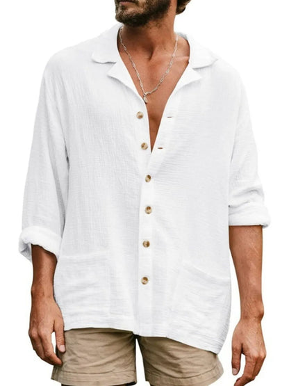Model wearing classic button-up long sleeve shirt styled casually