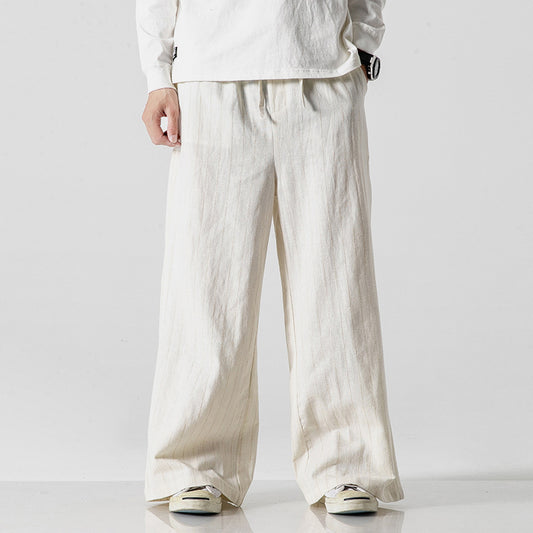 Aegean Striped Straight-Leg Casual Cotton Linen Pants