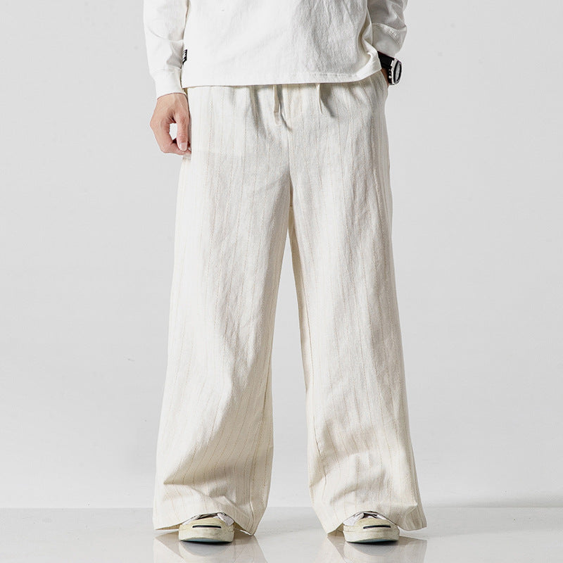 Aegean Striped Straight-Leg Casual Cotton Linen Pants