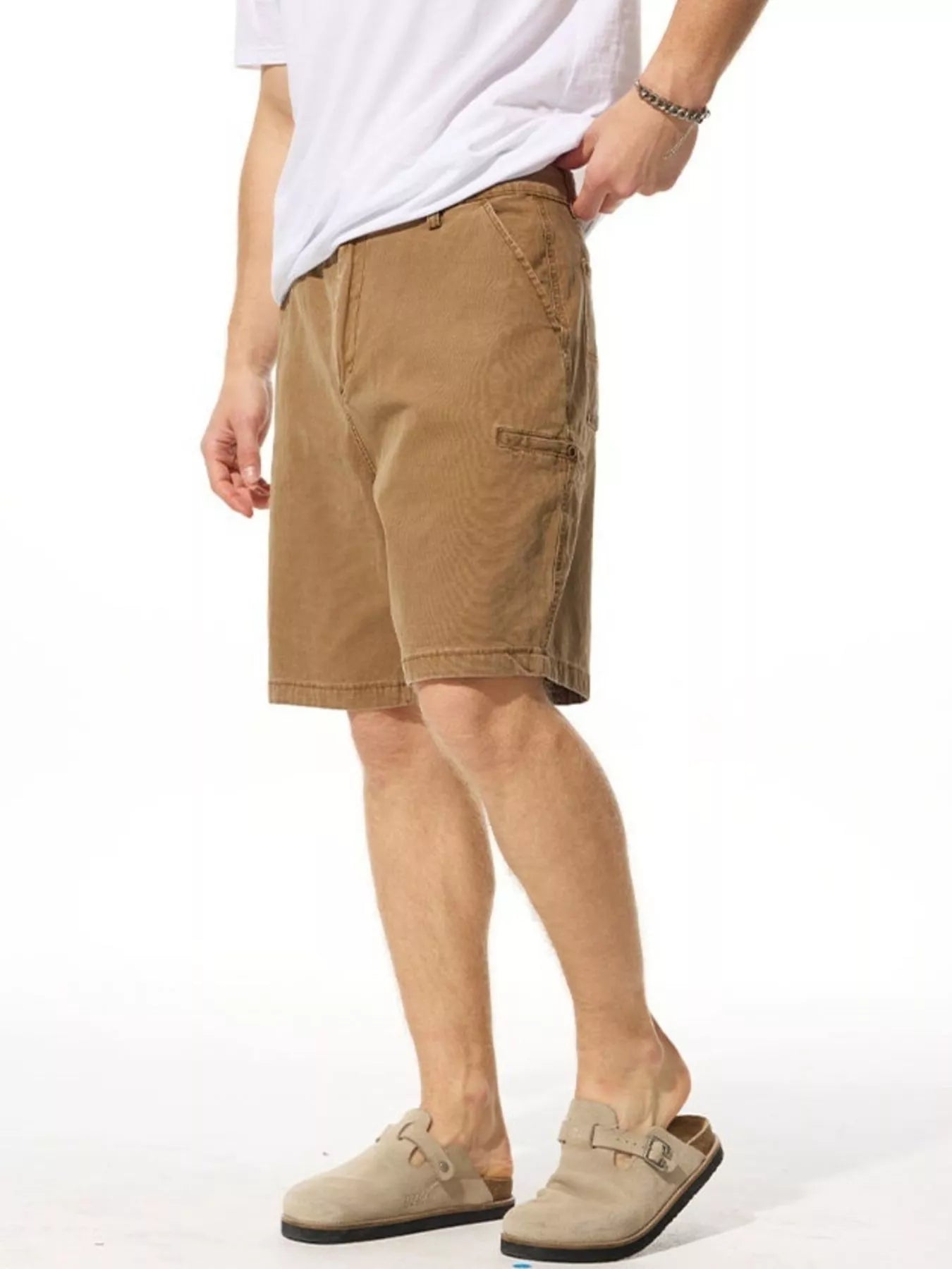 Close-up of pocket detail on cotton blend shorts