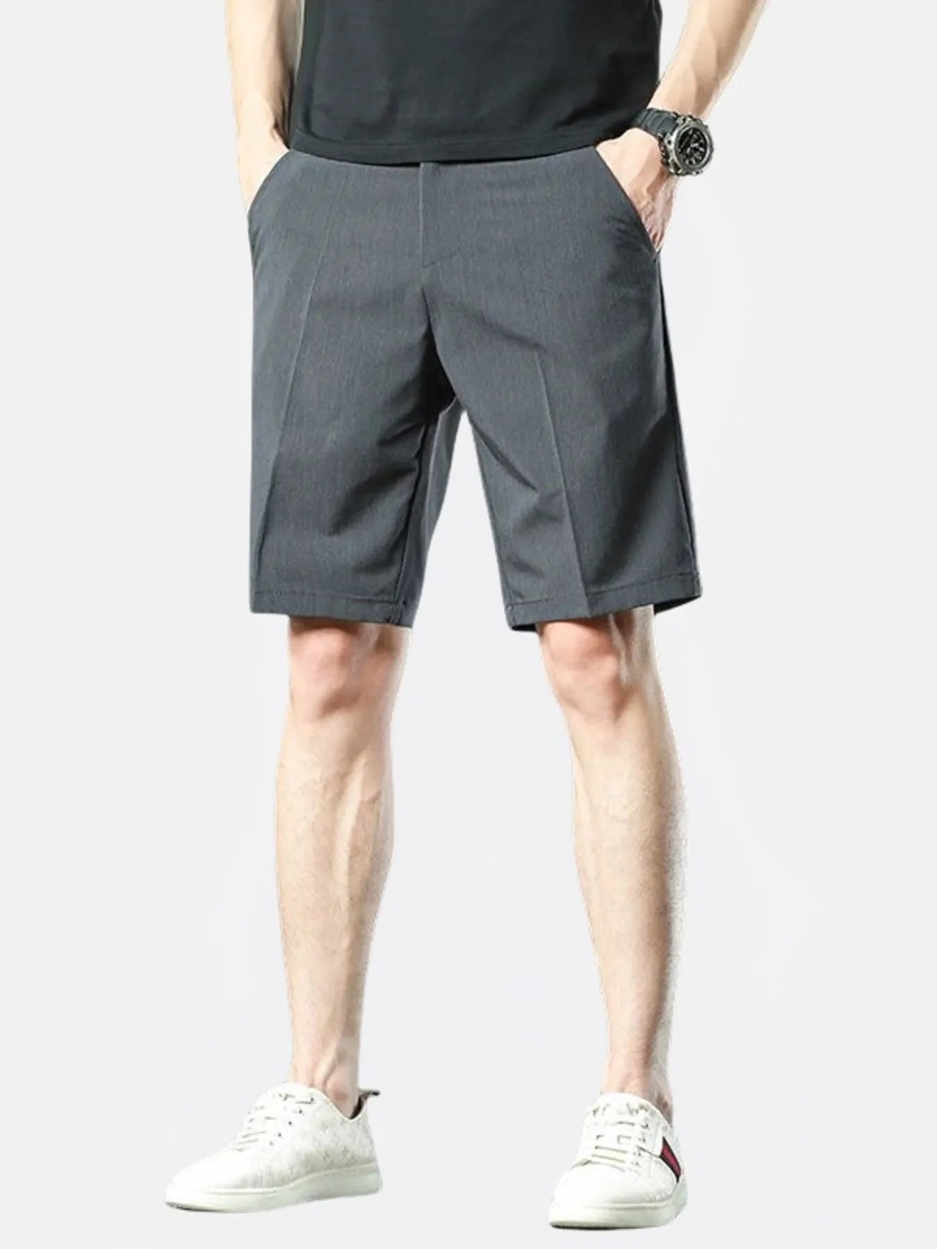 Front view of comfort fit pocketed cotton blend shorts