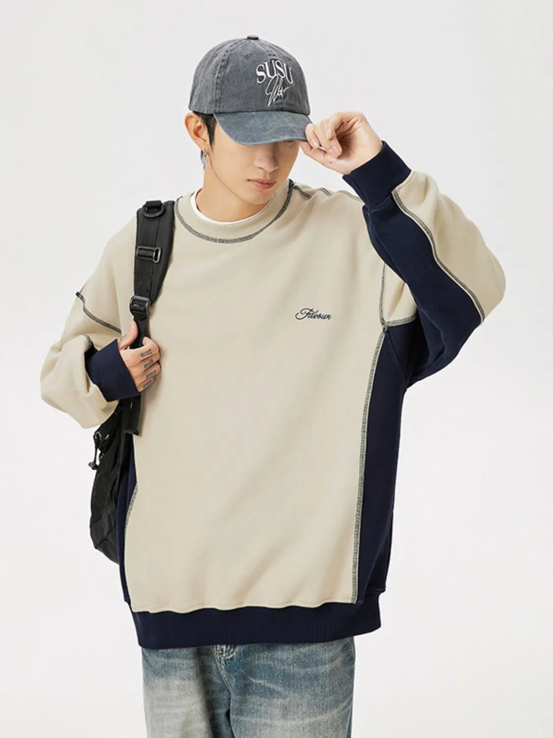 Front view of contrast round neck drop shoulder sweatshirt