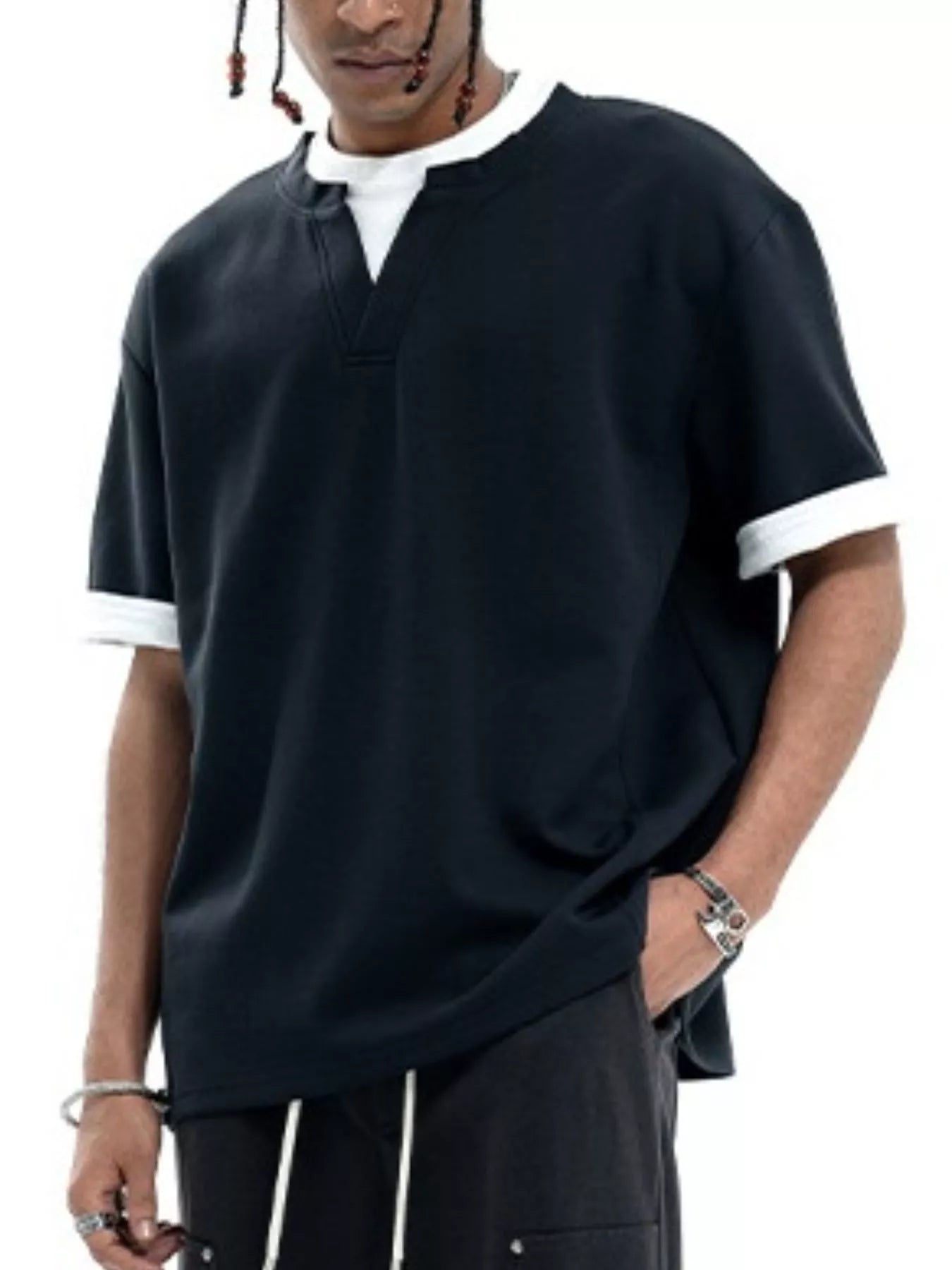 Close-up of contrast trim detail on short sleeve T-shirt