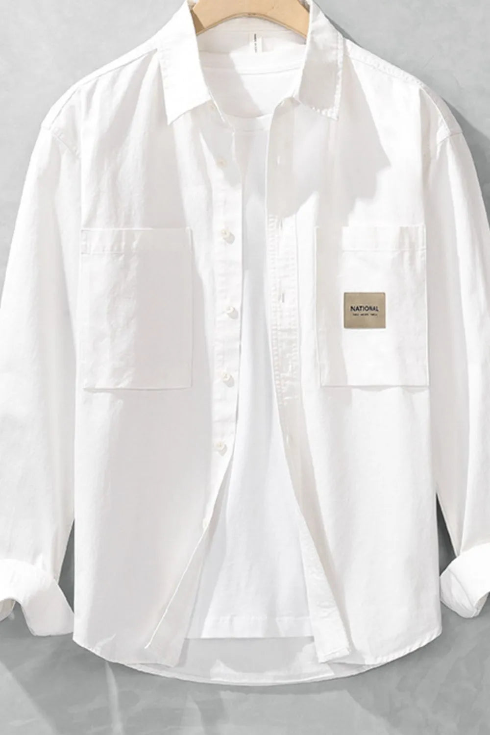 Front view of everyday cotton blend button-up long sleeve shirt