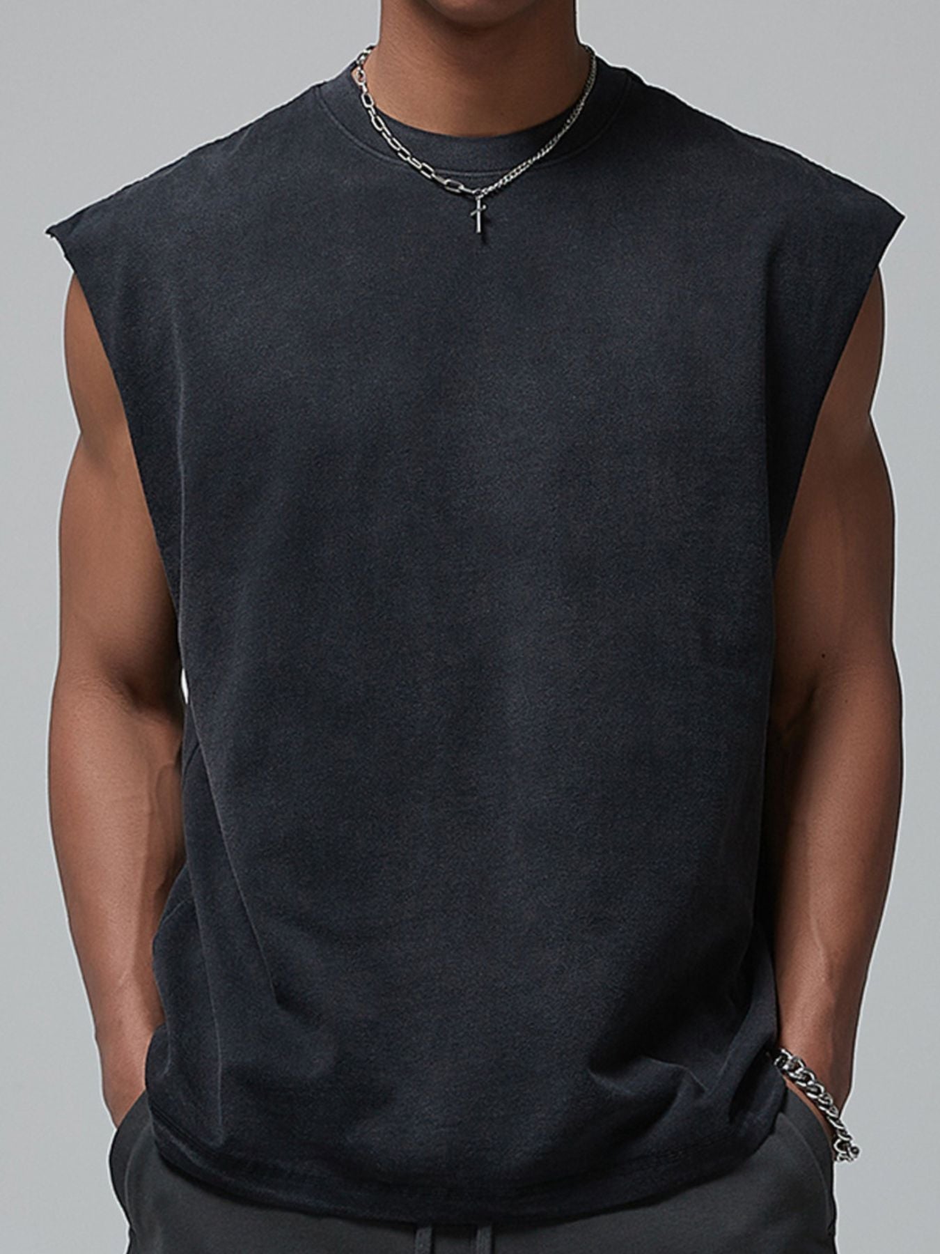 Back view of round neck cotton tank