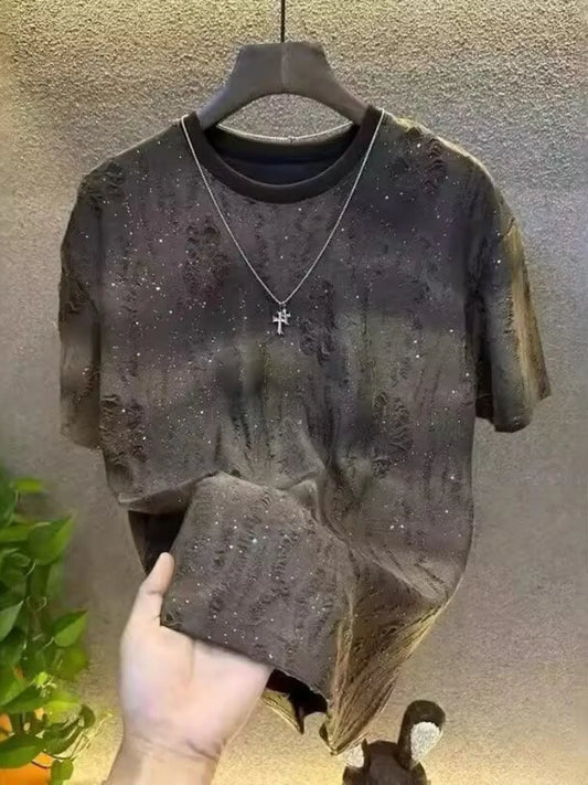 Front view of distressed cotton short sleeve T-shirt