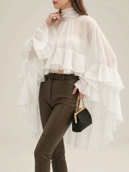Front view of ethereal high-neck sheer ruffled blouse for women in loose fit long sleeves