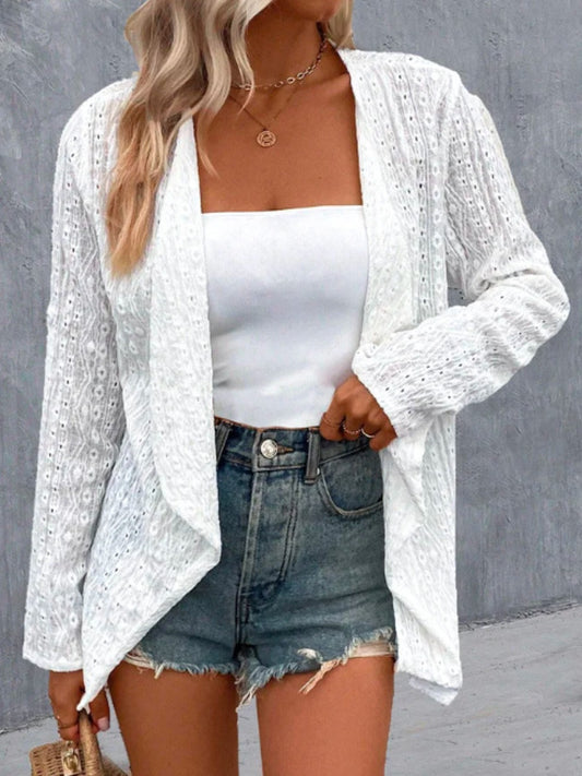 Elegant eyelet embroidered open front cardigan front view lightweight women cardigan