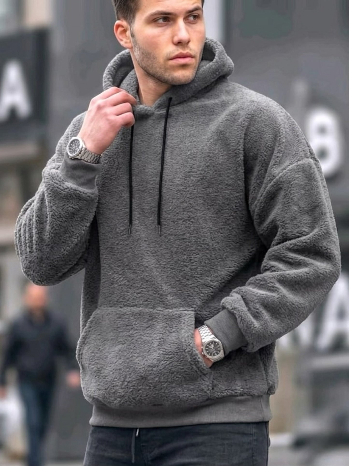 Back view of oversized fleece hoodie