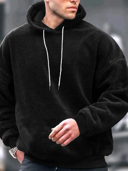 Front view of drawstring long sleeve fleece hoodie