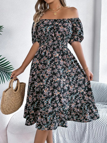 Model wearing ruffled hem floral dress styled for an outdoor social event