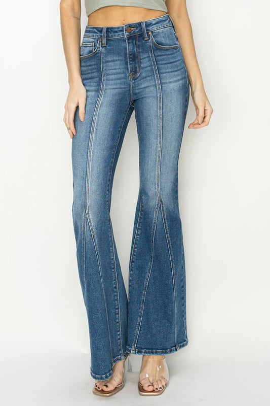 Front view of high-rise flare jeans with vertical seam detailing