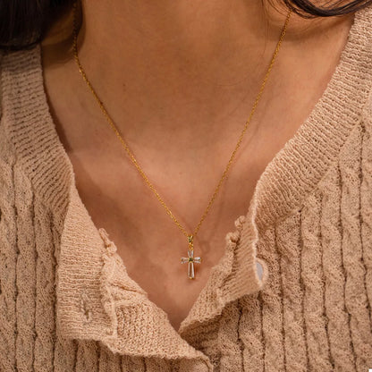 18K gold plated zircon cross necklace front view