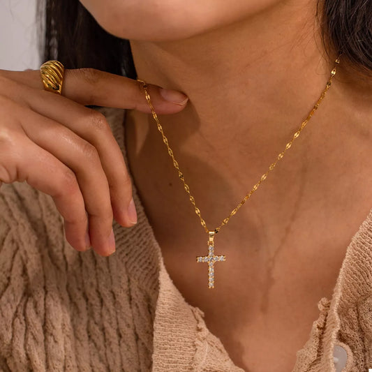18K gold plated cross pendant necklace front view