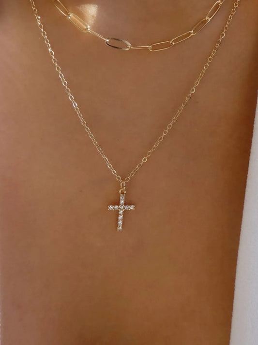 Front view of the 18K gold-plated double-layered necklace with zircon cross pendant