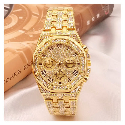 Front view of the diamond-pavé dial highlighting the three-eye pointer display and brilliant shimmer