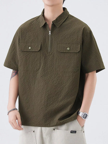 Front view of modern half-zip pocket polo shirt