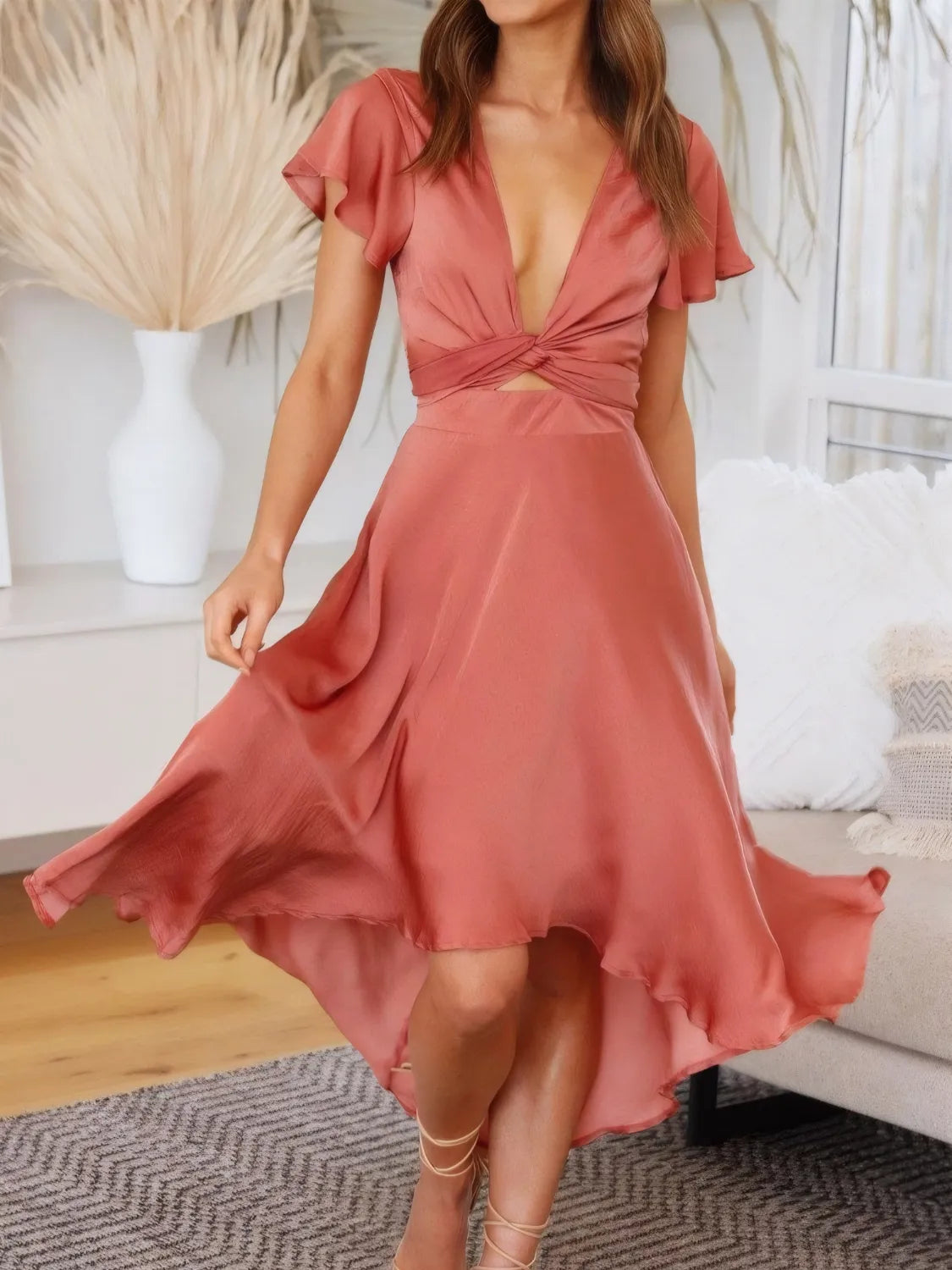 High-low plunge flutter sleeve dress front view