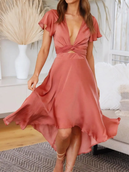 High-low plunge flutter sleeve dress front view
