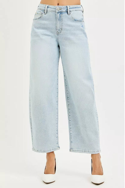 Front view of high-rise cropped barrel jeans in a clean wash